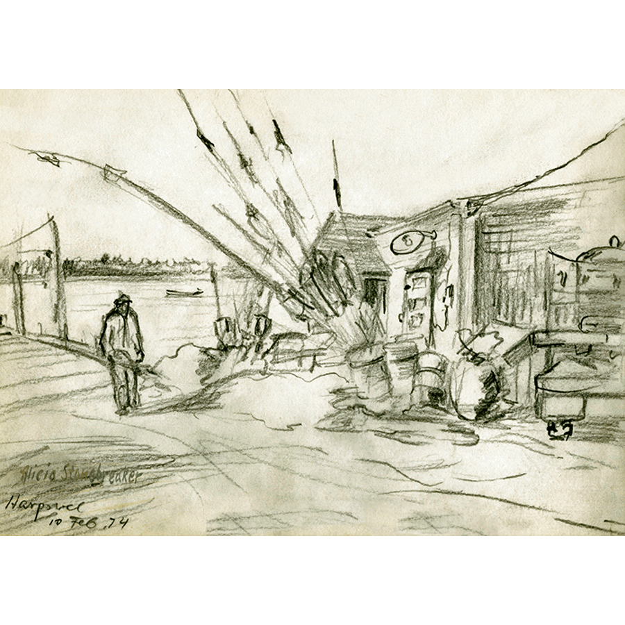 A drawing of a man walking past a building, showcasing urban life and movement in a city setting.