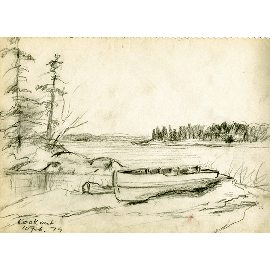 A simple sketch illustrating a boat on the edge of a lake, with the shoreline and water creating a serene atmosphere.