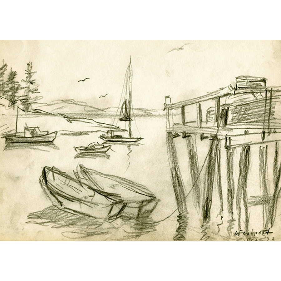 Artistic depiction of boats tied to a pier, surrounded by gentle waves and a bright sky.